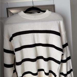 H&M Cream White & Black Striped Crewneck Sweater